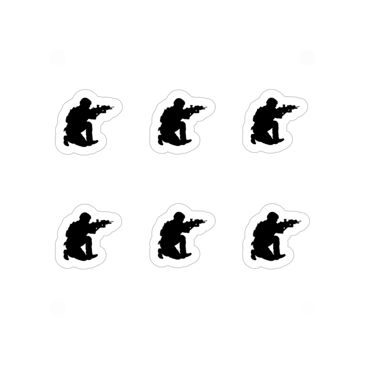 Six identical black silhouette decals of a kneeling soldier aiming a rifle, arranged in two rows of three on a plain white background.