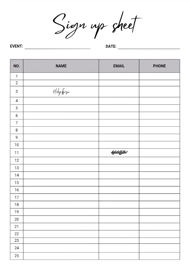 Blank grid layout of a printable sign up sheet template with numbered rows