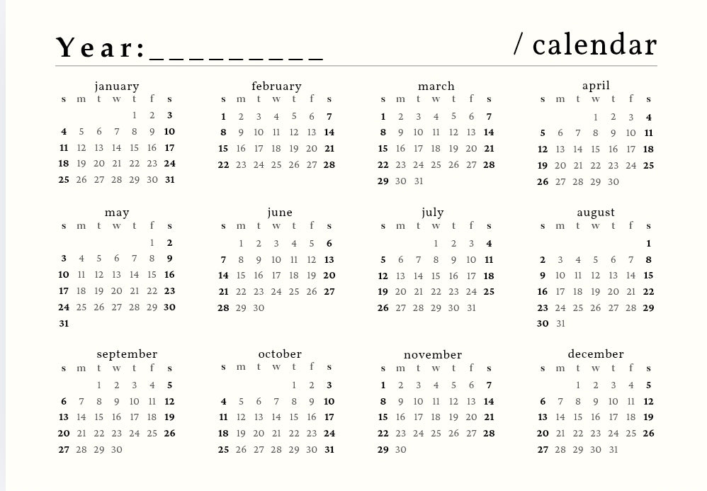 Minimalist blank yearly calendar at a glance template for organizing daily schedules