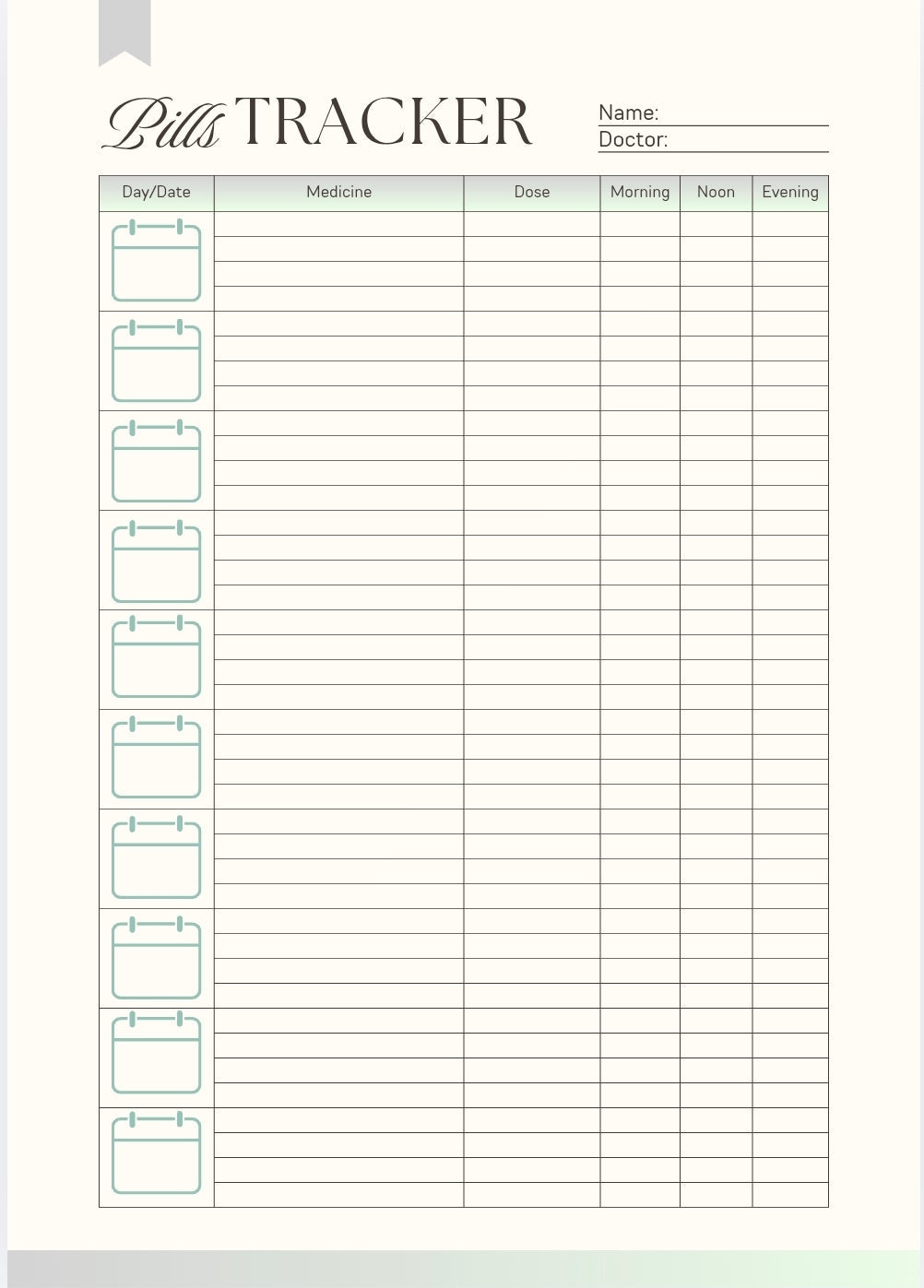 A clean black and white blank minimalist daily pill and medication tracker template layout