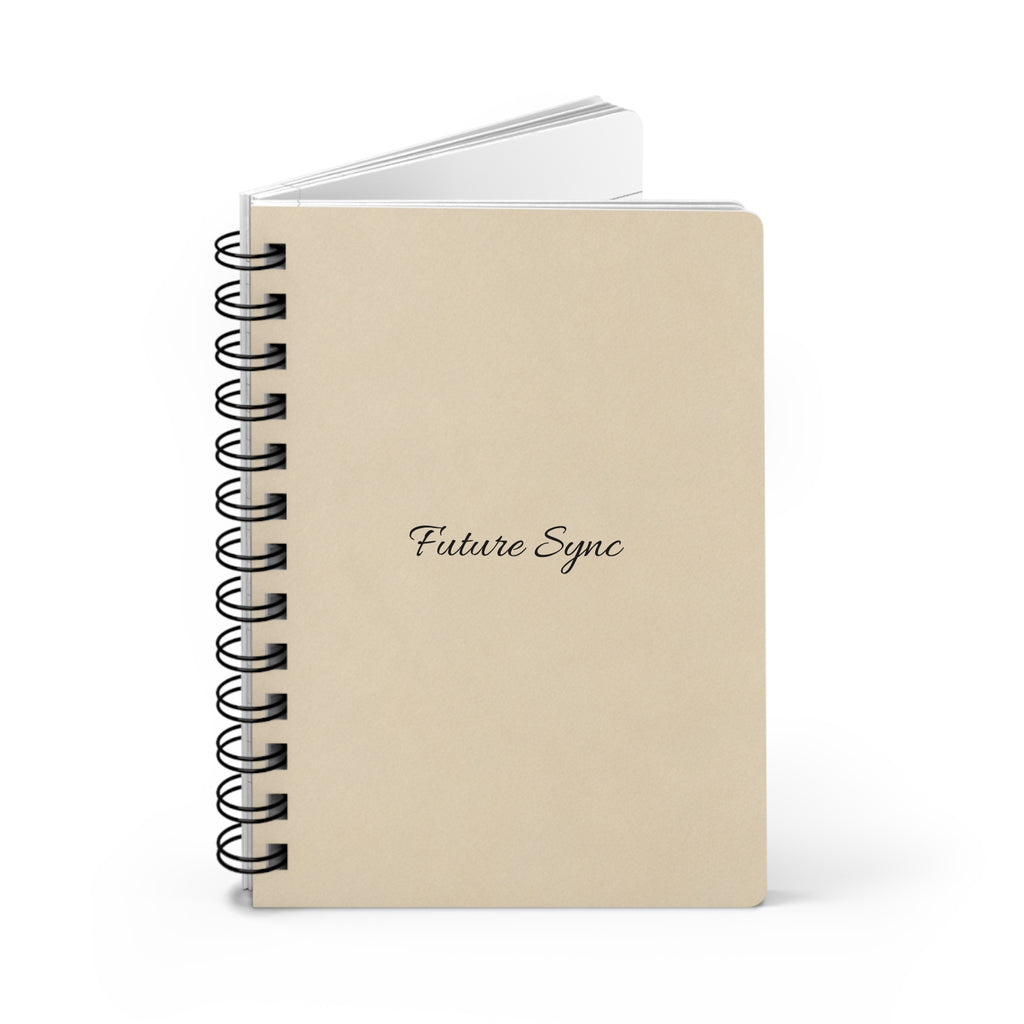 3D perspective view of Future Sync beige hardcover journal with black wire spiral binding
