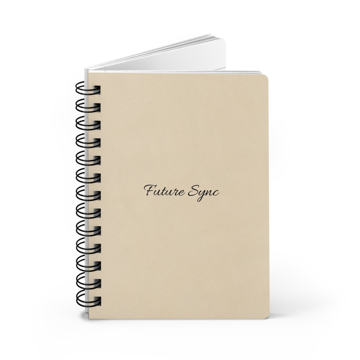 3D perspective view of Future Sync beige hardcover journal with black wire spiral binding
