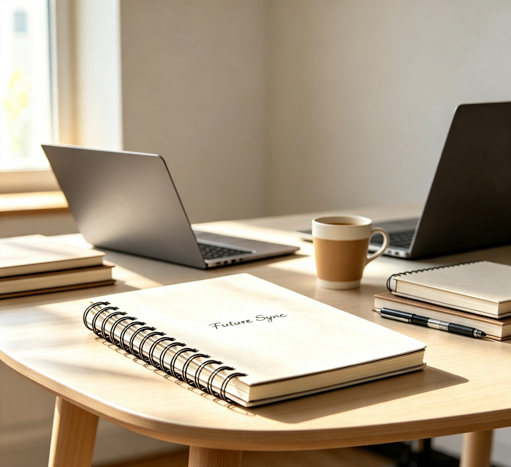 Future Sync open spiral notebook on a wooden desk in a bright workspace with a coffee cup
