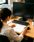 A woman sitting at a wooden desk, viewed from behind, writing on a bill planner pad next to a black computer monitor, keyboard, and mouse in an office setting.
