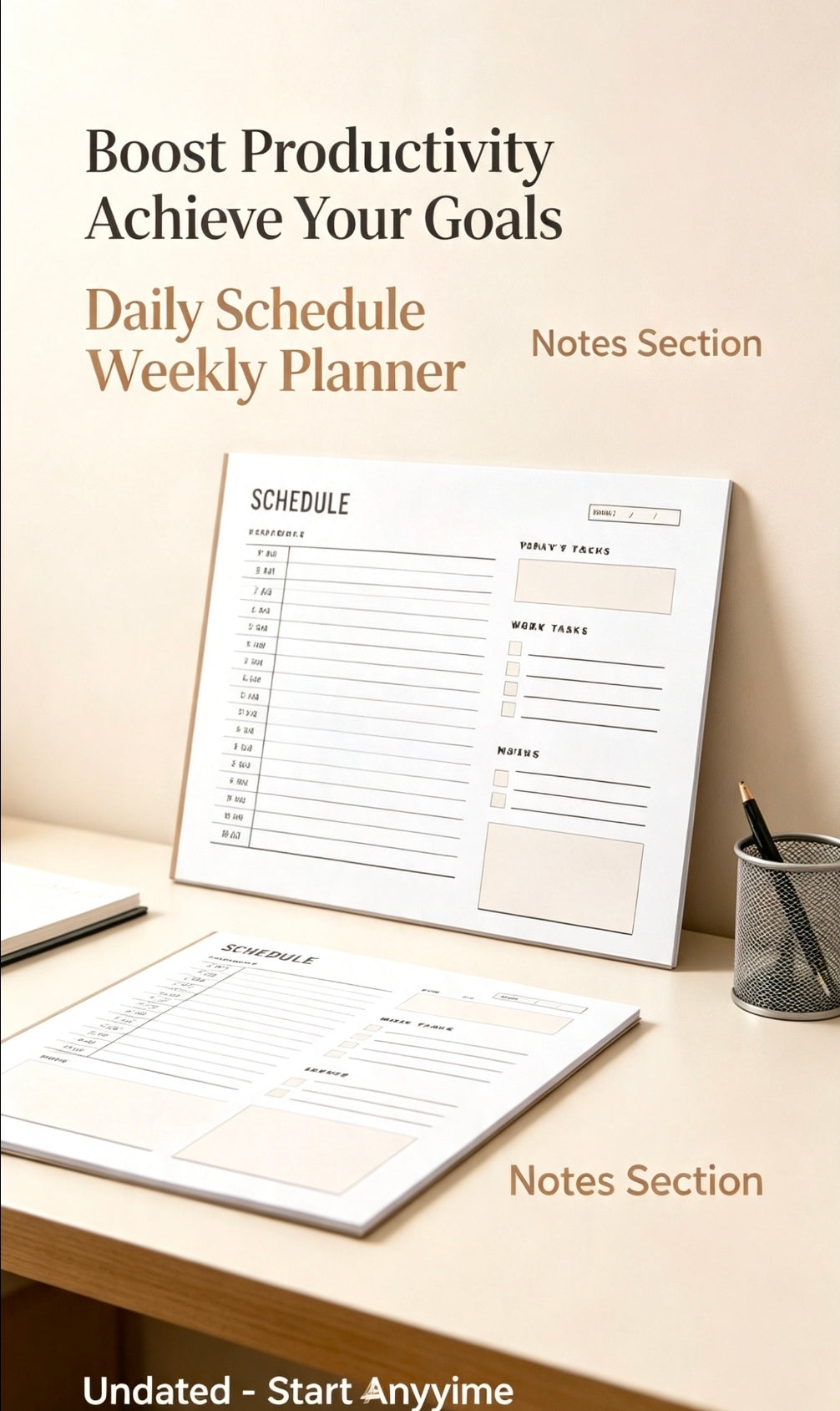 A clean minimalist daily and weekly schedule planner sheet displayed on an office desk