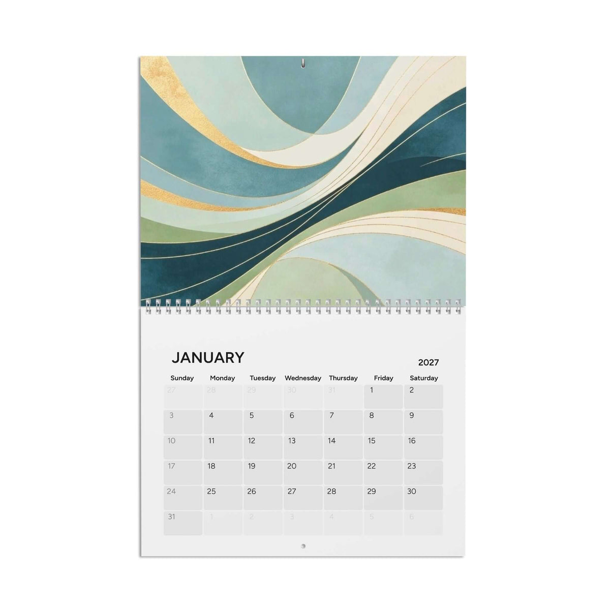 A spiral-bound January 2027 desk calendar featuring an abstract wavy line design in teal, cream, and gold tones on the cover page.