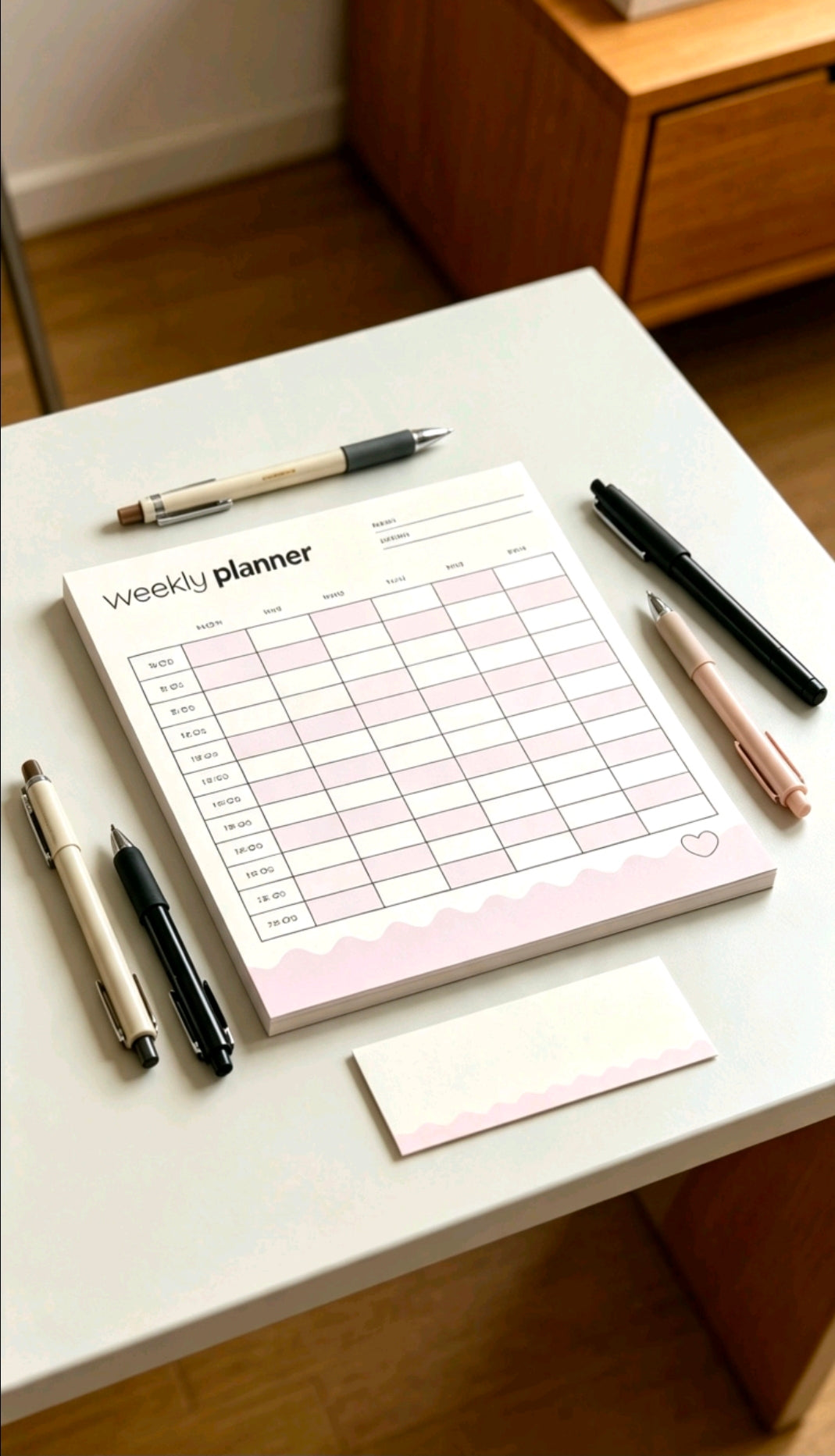 A pink weekly planner pad and small notepad on a white desk with pens