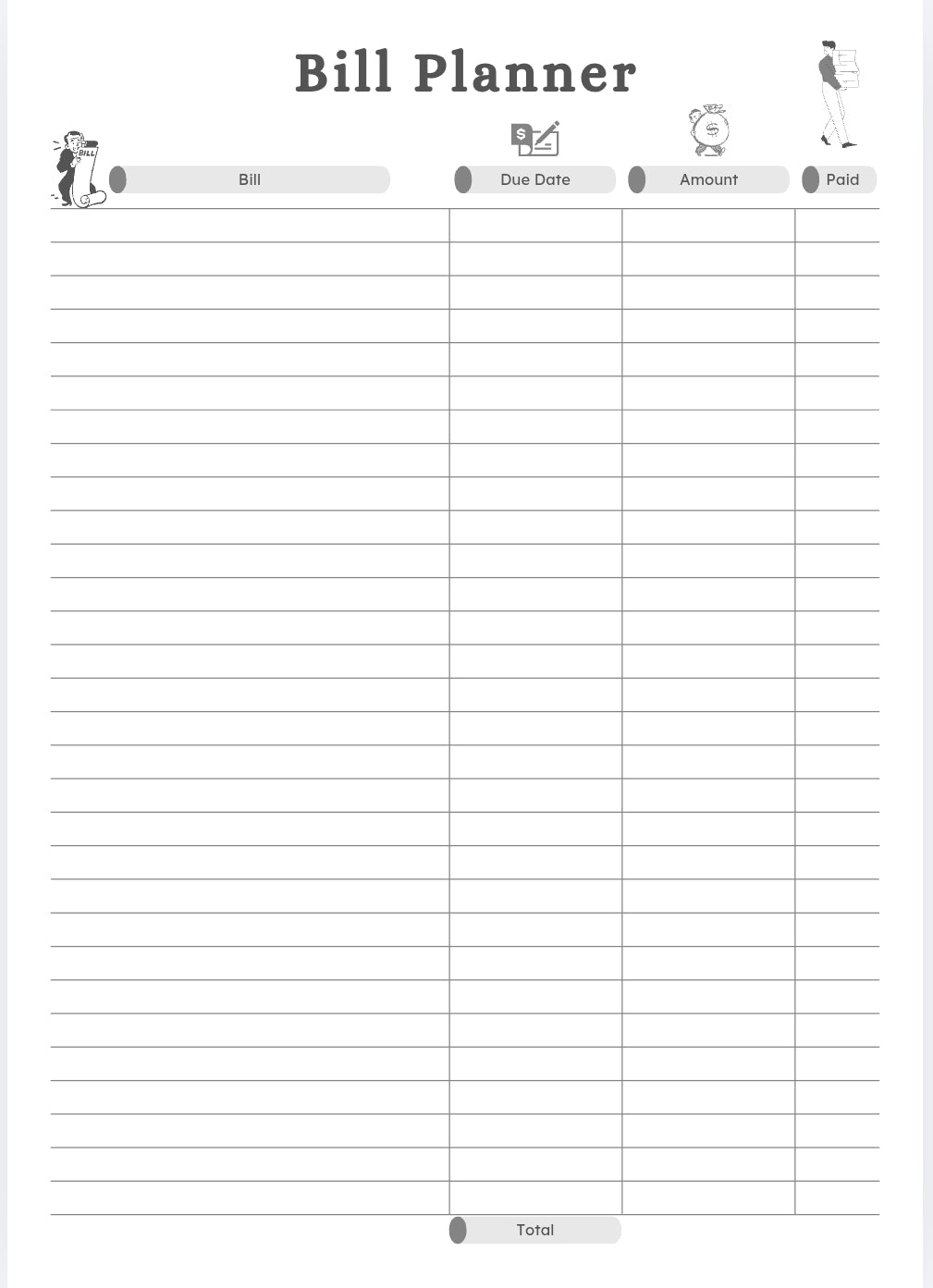  A clean black and white blank undated budget organizer layout with standard financial tracking columns