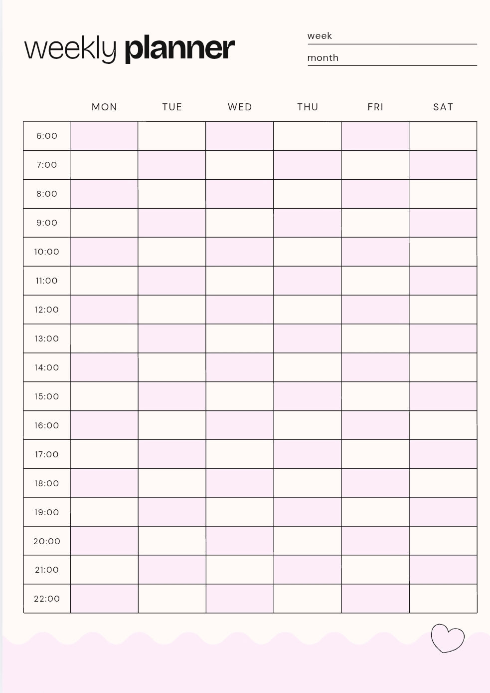 Close up of a cute pink weekly hourly schedule planner page grid insert