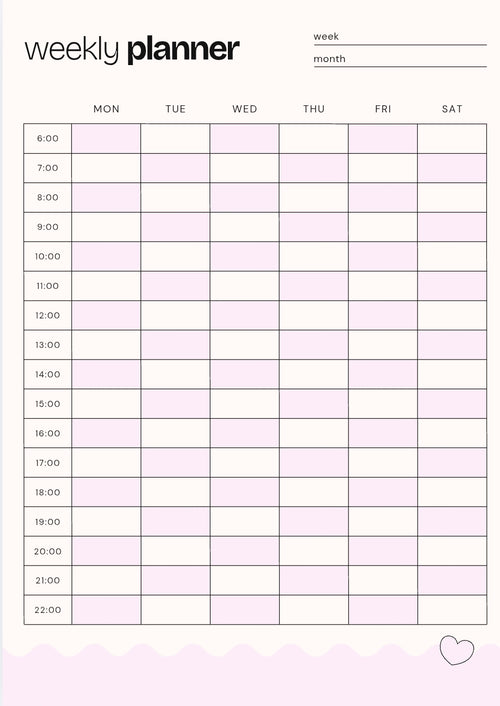 Close up of a cute pink weekly hourly schedule planner page grid insert