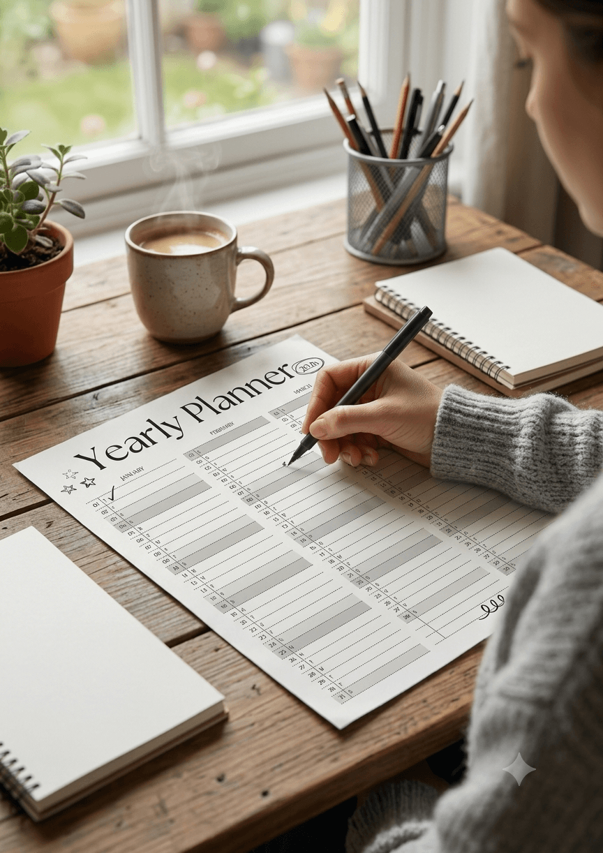 A person writing on a minimalist yearly planner bundle sheet on a wooden desk with a notebook.
